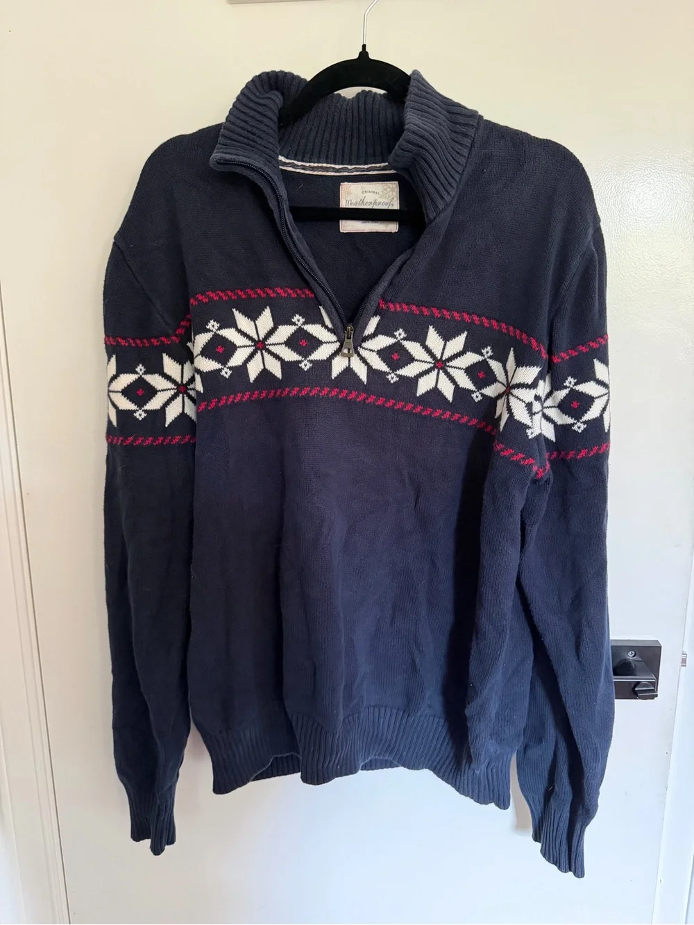 Weatherproof Navy Half-Zip Fair Isle Sweater with White and Red Accents
